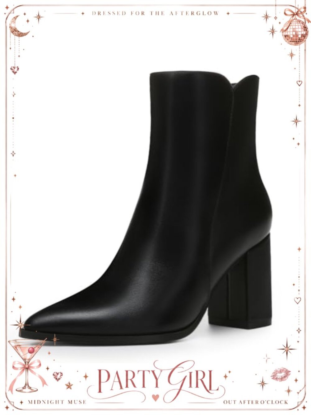 Chunky High Heel Pointed Toe Ankle Booties Side Zip V-Cut Block Heeled Boots